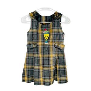 Vintage WB Looney Tunes Tweety Girls Plaid School Books Dress Size 6X